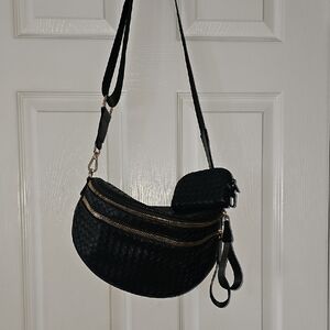 Black Woven Crossbody Bum Bag with Gold Hardware